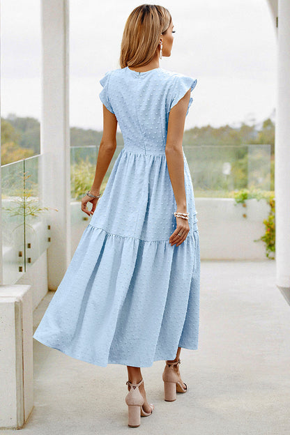 Ruffled Sleeves Pleated Front Maxi Dress