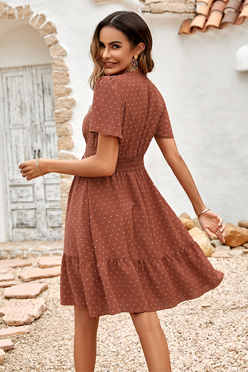 Textured Dotted V Neck Crochet Waist Dress