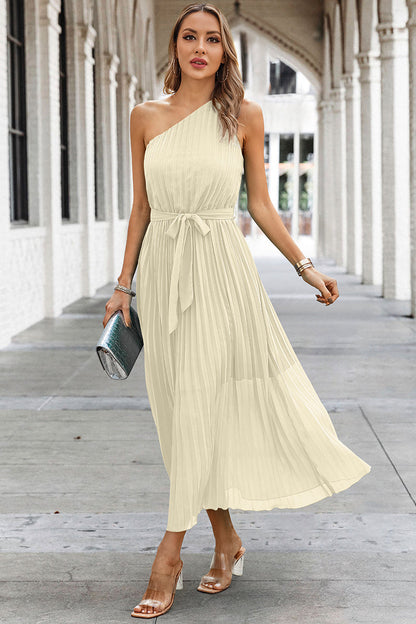 Solid Lined Wrinkle One Shoulder Sleeveless Dress