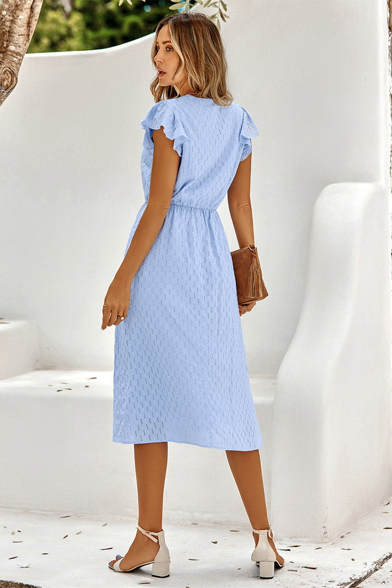 Short Flutter Sleeves Button Front Midi Dress