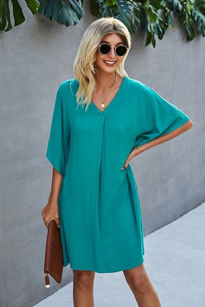 Vneck Dolman Sleeves Pleat Front Shift Dress