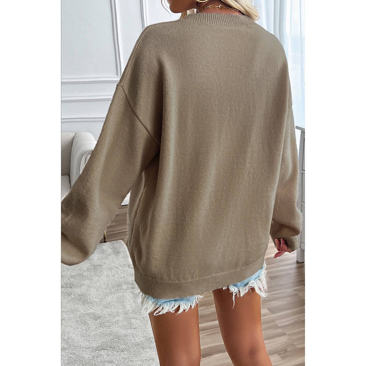 Knit Round Neck Flag Print Loose Fit Sweater