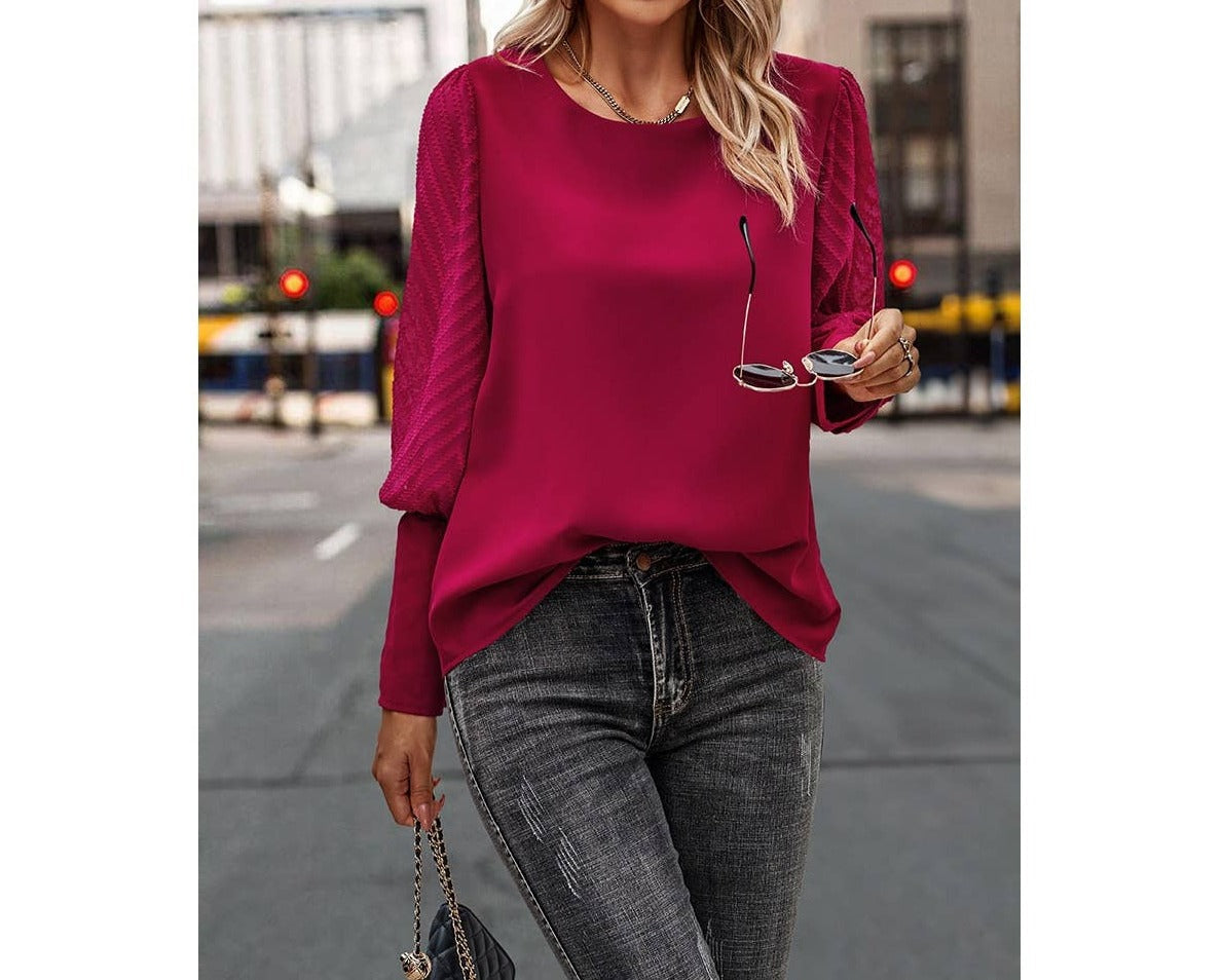 Button Back Puff Sleeve Loose Fit Solid Blouse | Blouse - Women's | blouse, long sleeve top, tops | Elings