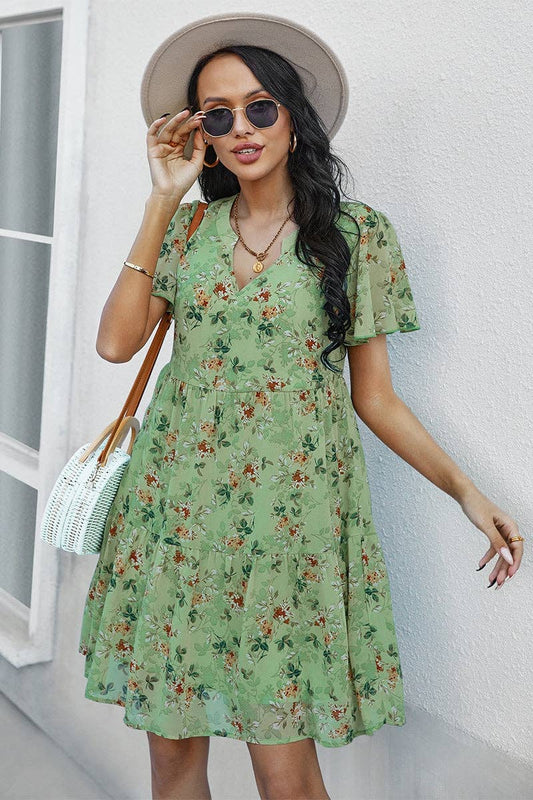 Floral V Neck Short Sleeve Dress | Dress - Women's | 2024, above the knee, Clearance, Dress, LK | Elings