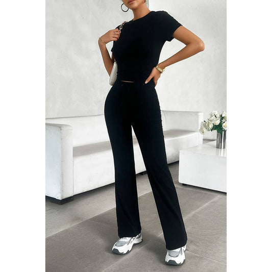 Two Pieces Drawstring Round Neck Skinny Fit Sets | Top & Pant Set (NOT Loungewear) - Women's | basic, eb sets, new arrival, pending, Sets, shoppe247 | Elings