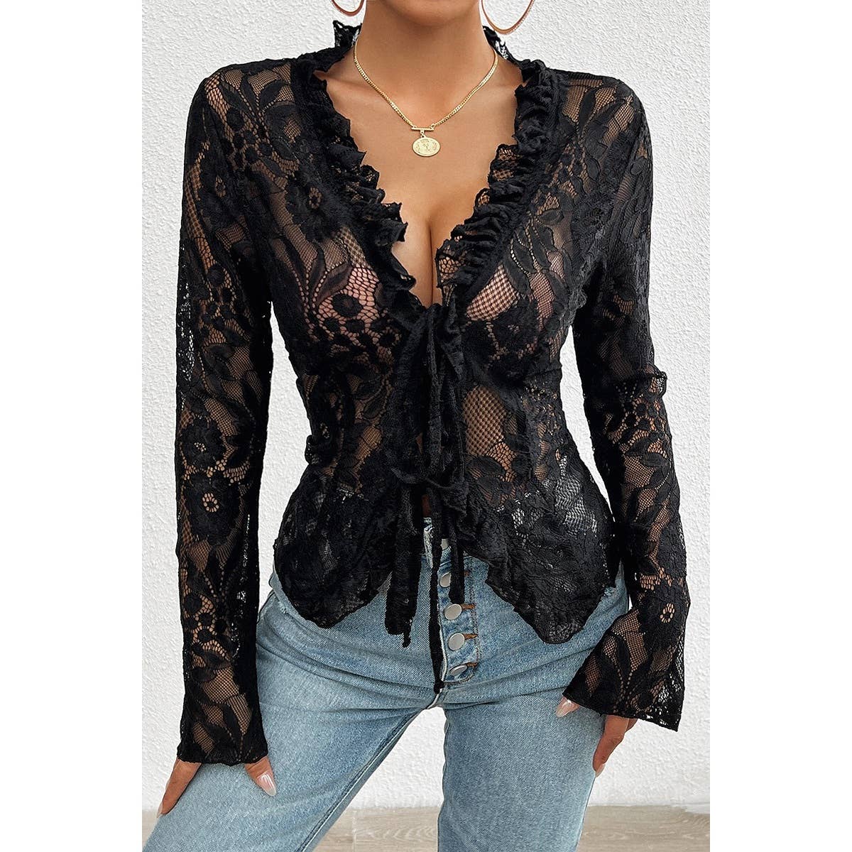 Hollow Out Lace Solid Knot Wrap Ruffle Hem Top | Blouse - Women's | F, long sleeve top, new arrival, pending, shoppe247, Top | Elings