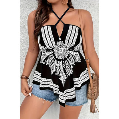 Plus Halter Sleeveless Allover Print Fit Top | Blouse - Women's | new arrival, pending, plus, Plus tops, shoppe247 | Elings