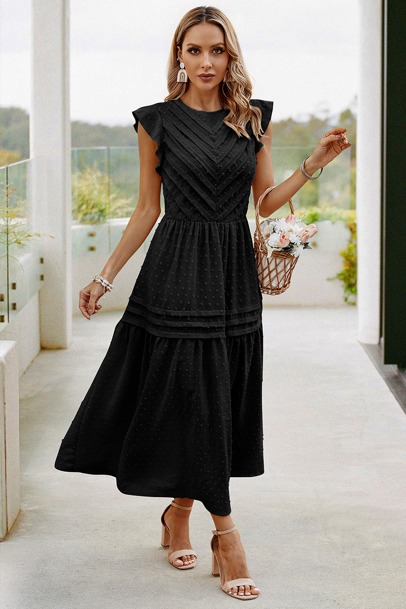 Ruffled Sleeves Pleated Front Maxi Dress