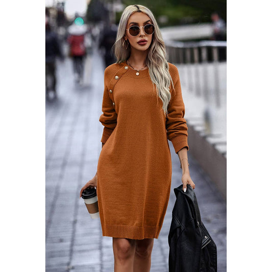 Round Neck Knit Button Trim Fit Sweater Dress | Sweatshirt - Women's | New Arrivals, SWEATER, Sweatshirt | Elings