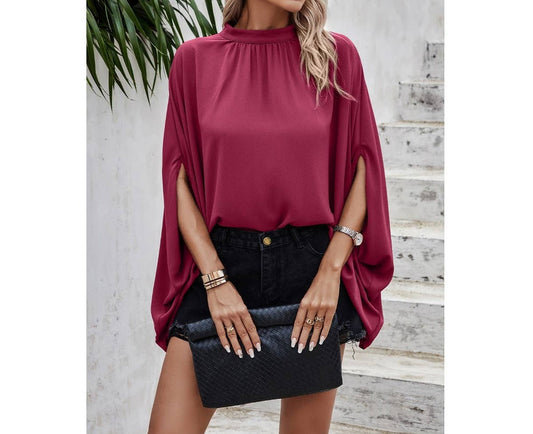 Oversize Mock Neck Batwing Sleeve Cape Blouses | Blouse - Women's | short sleeve top, tops | Elings