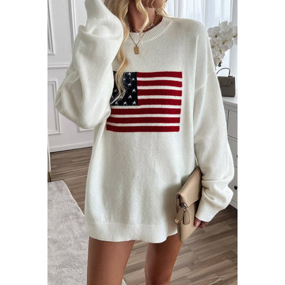 Knit Round Neck Flag Print Loose Fit Sweater