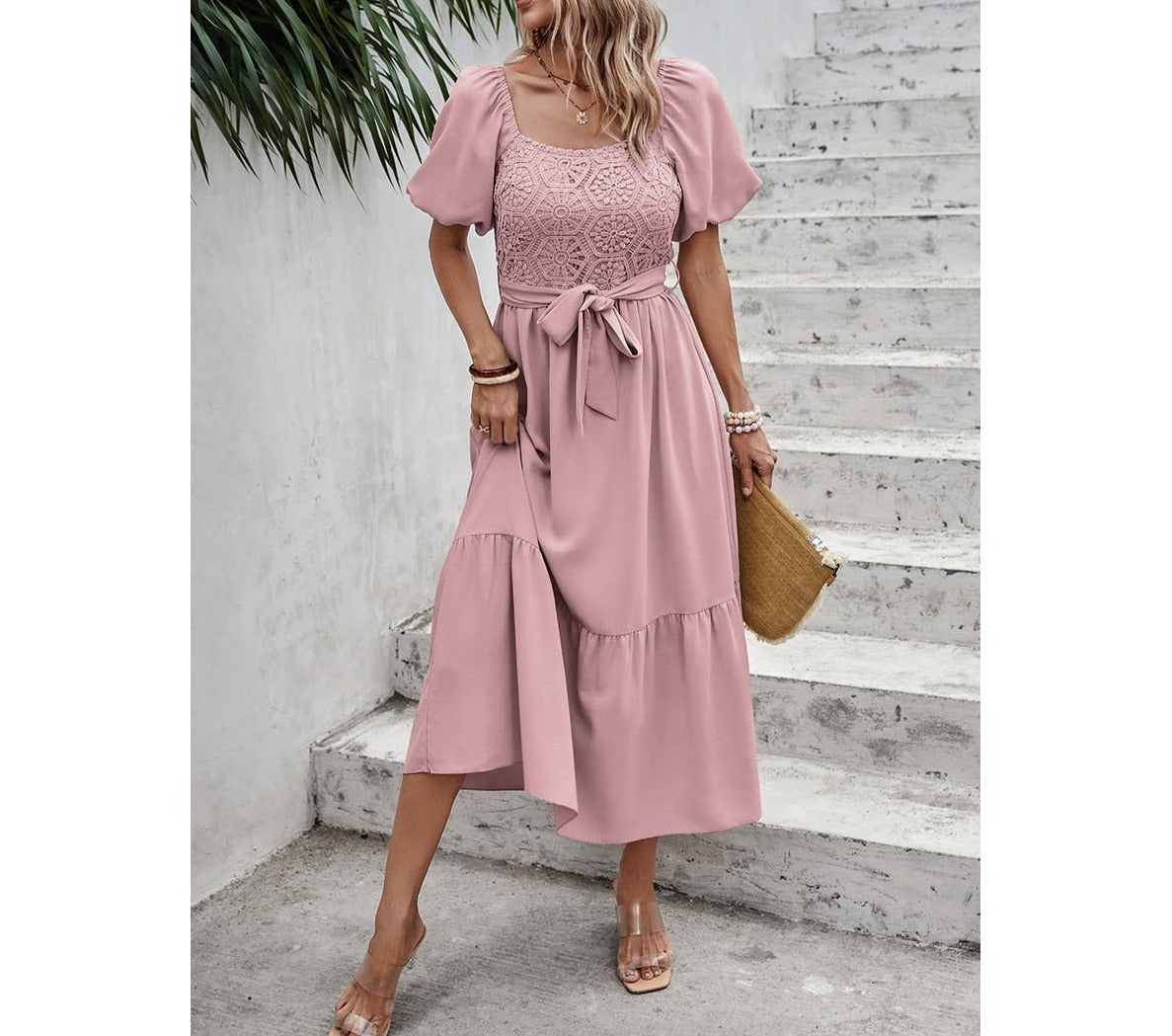 Elastic Lace Square Neck Smocked Ruffle Hem Dress | Dress - Women's | Dress, midi dress | Elings