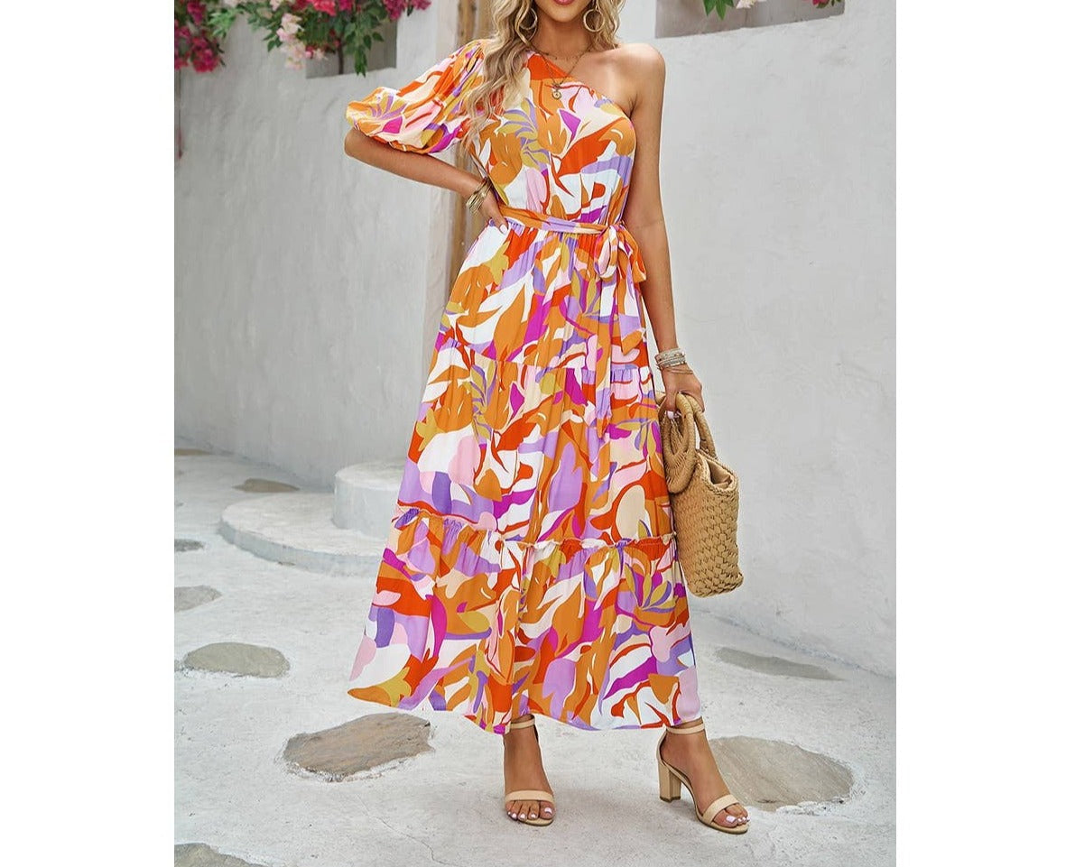 One Shoulder Allover Print Puff Sleeves Ruffle Maxi Dress | Dress - Women's | Dress, maxi dress | Elings