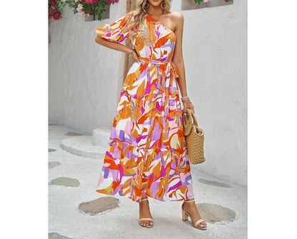 One Shoulder Allover Print Puff Sleeves Ruffle Maxi Dress | Dress - Women's | Dress, maxi dress | Elings