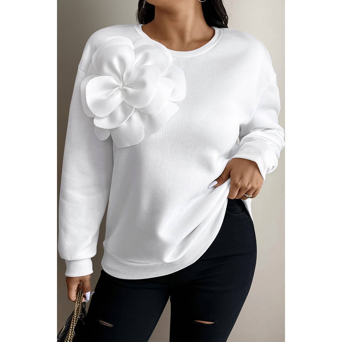 Plus Knit Floral Decoration Crew Neck Sweatshirt | Sweatshirt - Women's | F, new arrival, plus, Plus tops | Elings