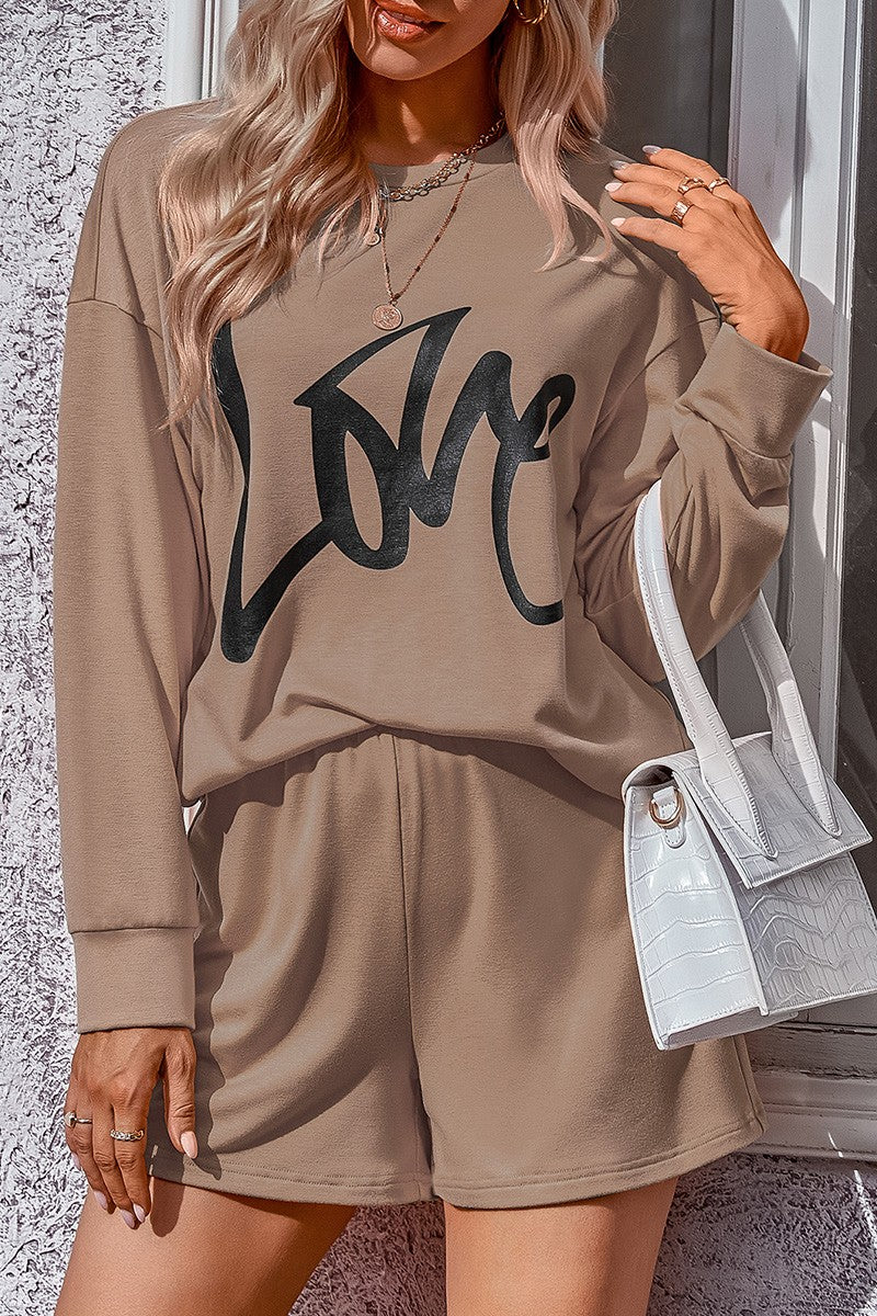 Casual Sweatshirt Love Pullover Tunic Shorts Set