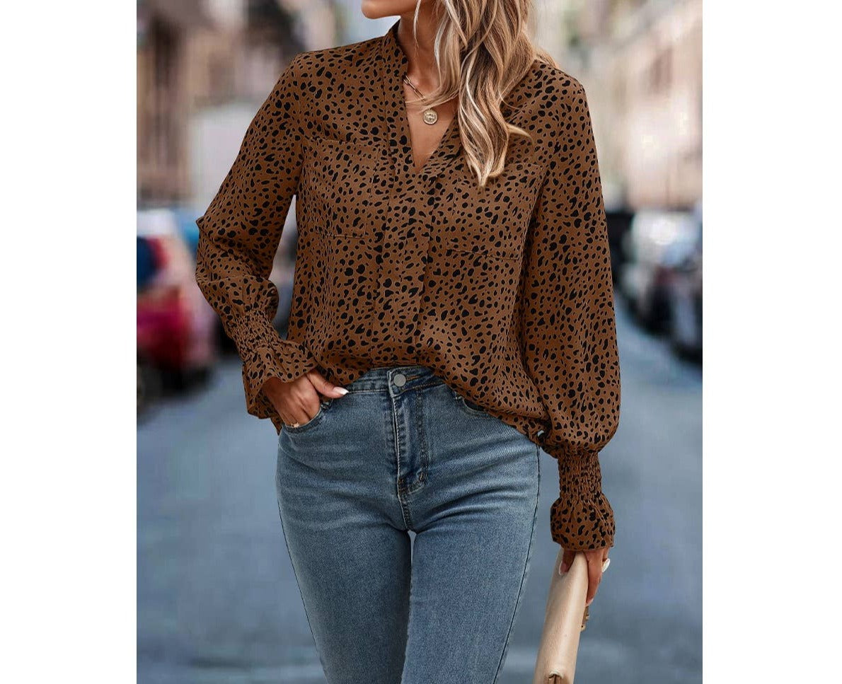 Leopard Print V Neck Ruffle Sleeve Pocket Blouse | Blouse - Women's | long sleeve top, tops | Elings