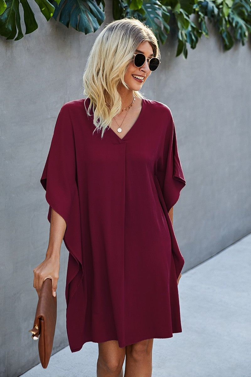 Vneck Dolman Sleeves Pleat Front Shift Dress