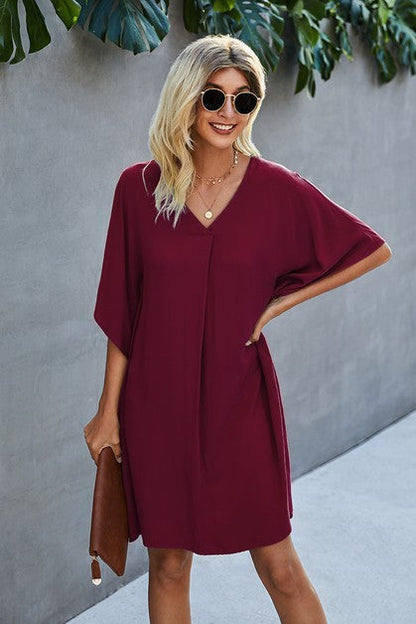 Vneck Dolman Sleeves Pleat Front Shift Dress