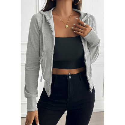 Solid Slim Fit Cropped Zipper Pockets Hoodie