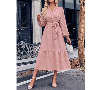 Lace Cross Swiss Dot Knot Belt Solid Ruffle Dress | Dress - Women's | Dress, midi dress | Elings