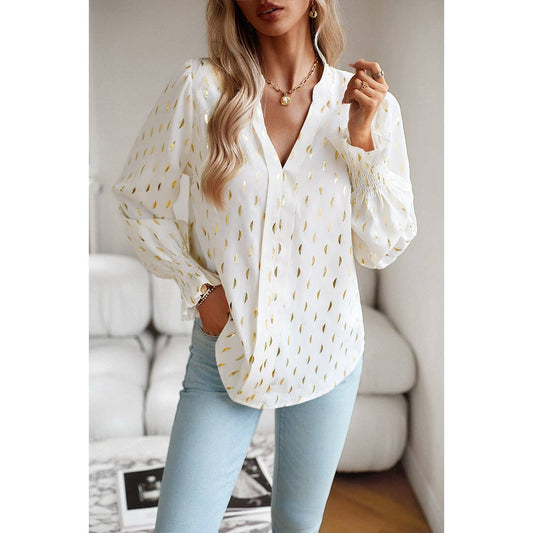 Allover Print Loose Fit Elastic Hem V Neck Blouse | Blouse - Women's | long sleeve top | Elings