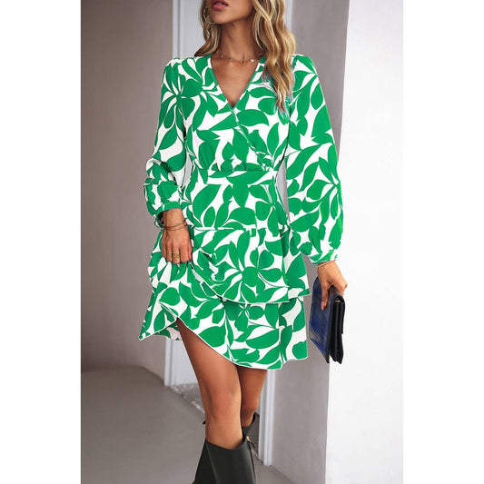 Allover Print V Neck Cross Fit Ruffle Mini Dress | Dress - Women's | above the knee, Dress | Elings