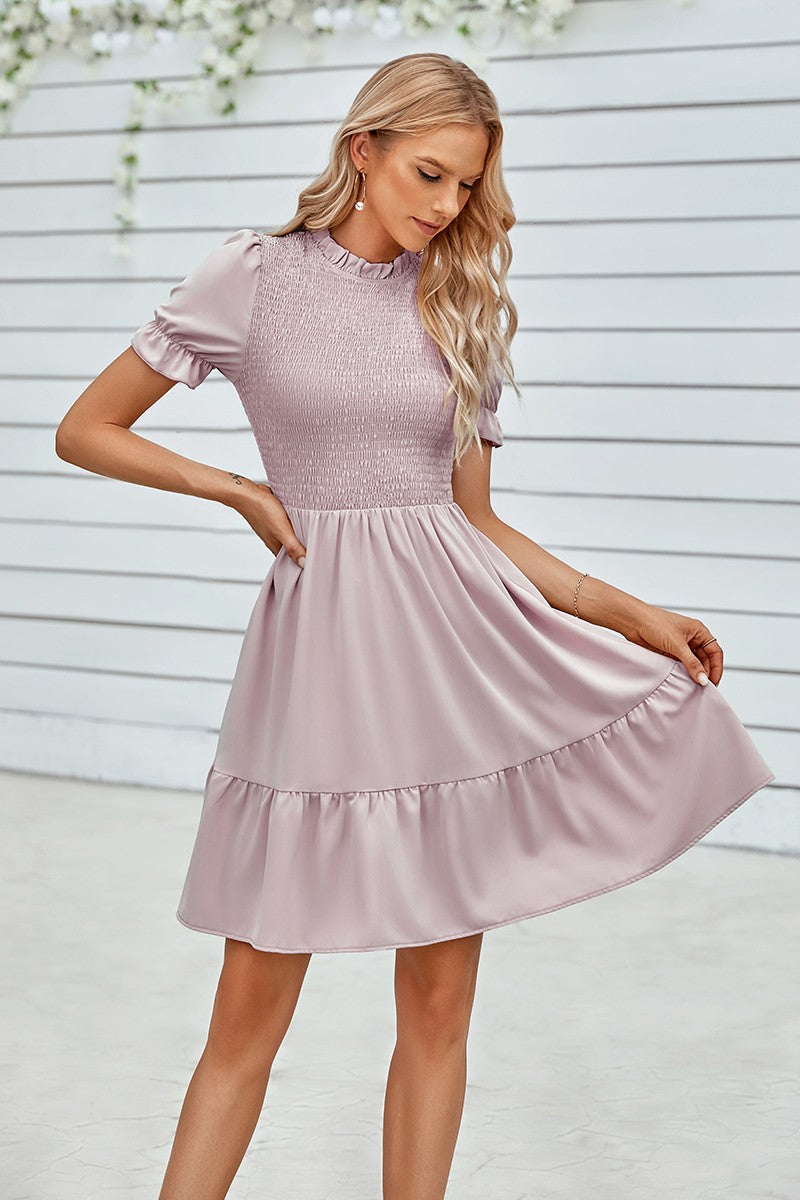 Ruffled Neck Puff Sleeve Dress