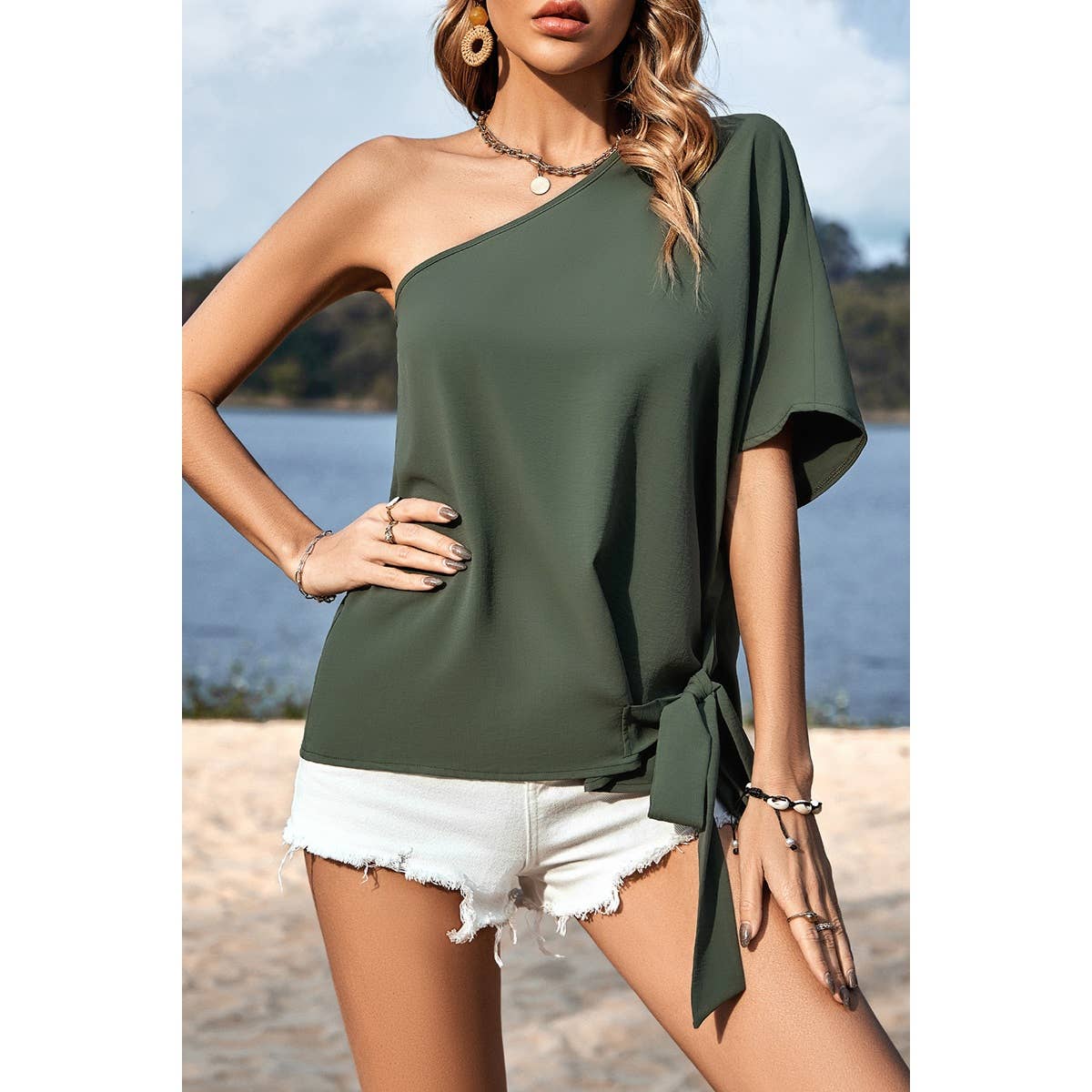 Solid One Shoulder Knot Loose Fit Wide Sleeve Top | Blouse - Women's | short sleeve top, tops | Elings