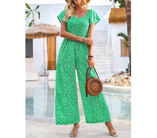 Square Neck Ruched Dot Print Wide Leg Jumpsuit | Jumpsuit - Women's | F, jumpsuit, Jumpsuit and Romper, new arrival | Elings