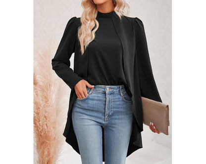 Mock Neck Hi Low Solid Loose Fit Top | Blouse - Women's | long sleeve top, tops | Elings