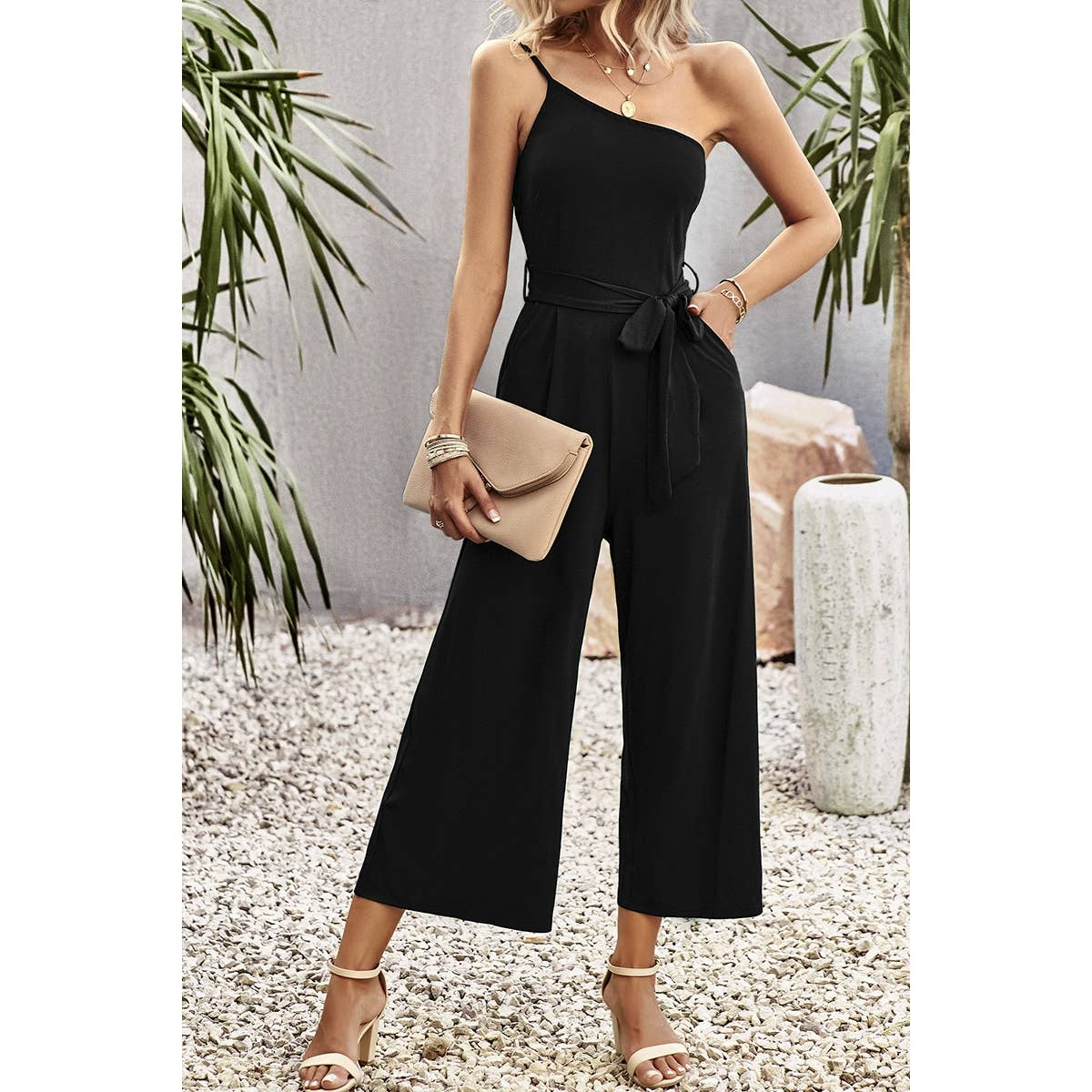 One Shoulder Belt Knot High Waist Jumpsuit | Jumpsuit - Women's | 523, jumpsuit | Elings