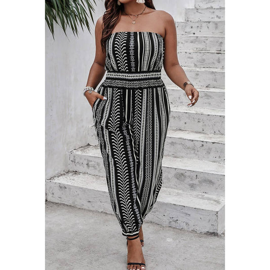 Plus Size Print Off Shoulder Sleeveless Jumpsuit | Top & Pant Set (NOT Loungewear) - Women's | F, new arrival, plus, plus jumpsuit | Elings