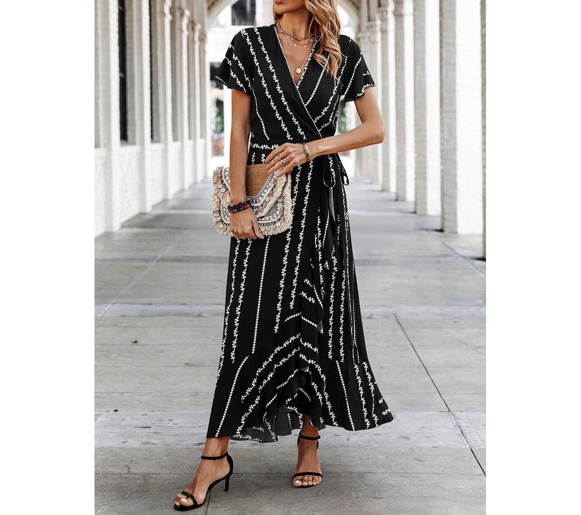 Strip Knot Belt Split V Neck Hem Ruffle Fit Dress | Dress - Women's | 523, Dress, LK, maxi dress | Elings