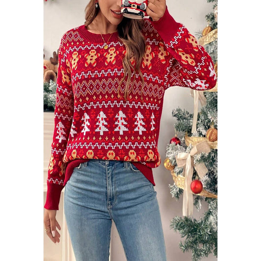 Knit Christmas Print Round Neck Loose Fit Sweater | Knit Sweater - Women's | F, new arrival, shoppe247, SWEATER, Sweaters | Elings