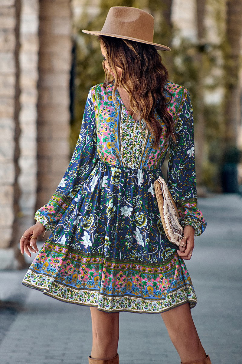 Boho Floral V Neck Ruffled Hem Dress