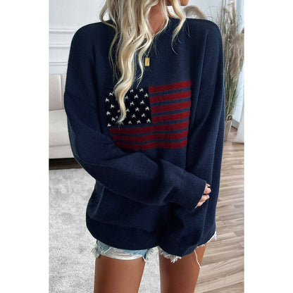 Knit Round Neck Flag Print Loose Fit Sweater