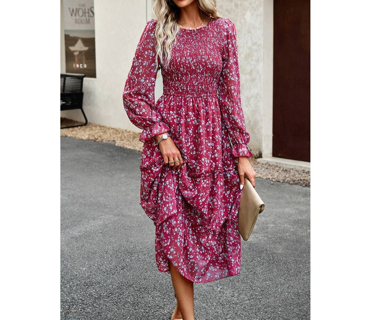 Floral Print Ruched Ruffle Sleeves High Rise Dress | Dress - Women's | Dress, midi dress | Elings