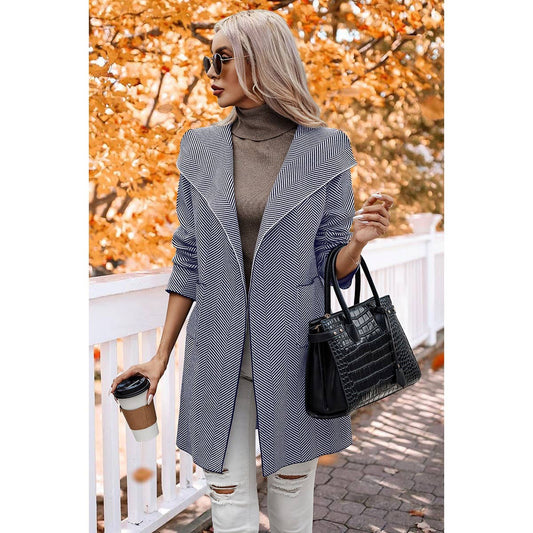 Strip Long Body Front Open Fit Pockets Coat | Coat - Women's | Elings