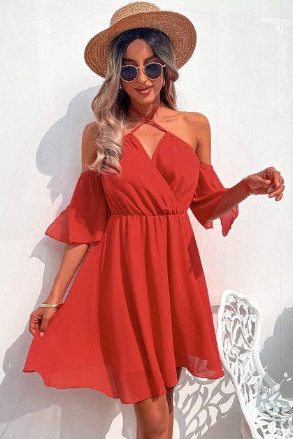 Elegant Shoulder-Baring Dress | Dress - Women's | 2024, above the knee, Clearance, Dress | Elings