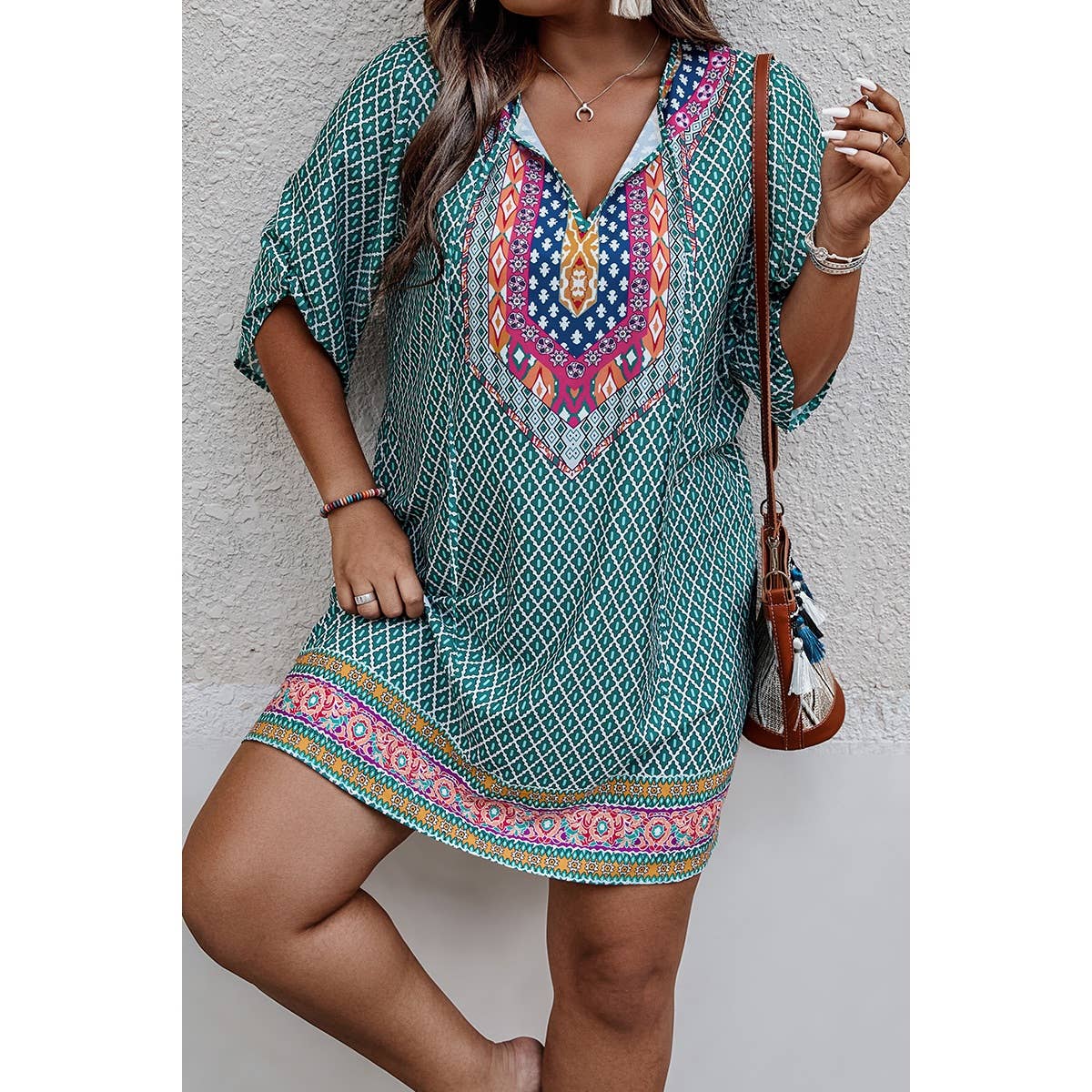 Plus Size V Neck Printed Loose Fit Midi Dress | Dress - Women's | F, LK, new arrival, plus, plus dress | Elings