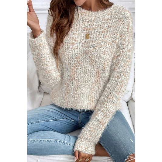 Knit Round Neck Drop Shoulder Back Cutout Sweater | Knit Sweater - Women's | F, new arrival, shoppe247, SWEATER, Sweaters | Elings