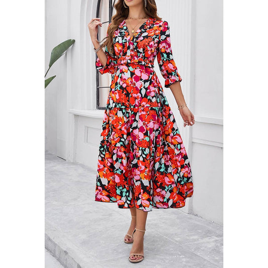 Color Block Floral Ruffle Trim Belt A Line Dress | Dress - Women's | Dress, F, LK, midi dress, new arrival | Elings