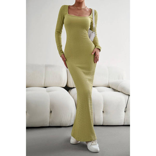 Ruched Square Neck Wrap Long Sleeve Full Dress | Dress - Women's | bodycon, Dress, maxi dress | Elings