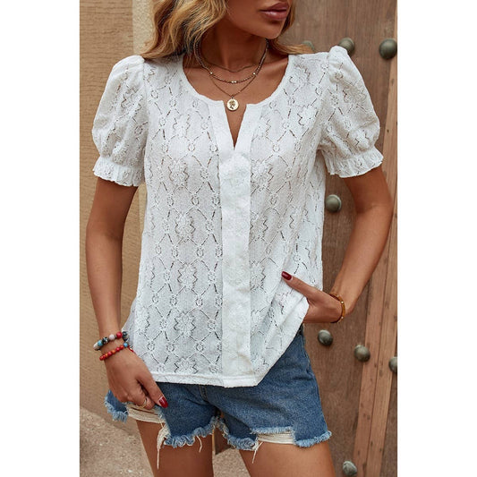 Eyelet Embroidery Notched Neckline Blouse | Blouse - Women's | short sleeve top | Elings