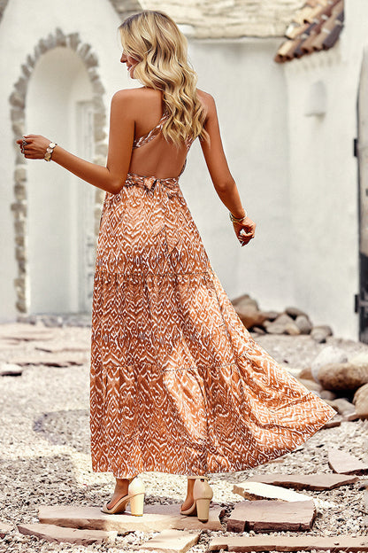 Halterneck Cutout Print Maxi Cross Dress