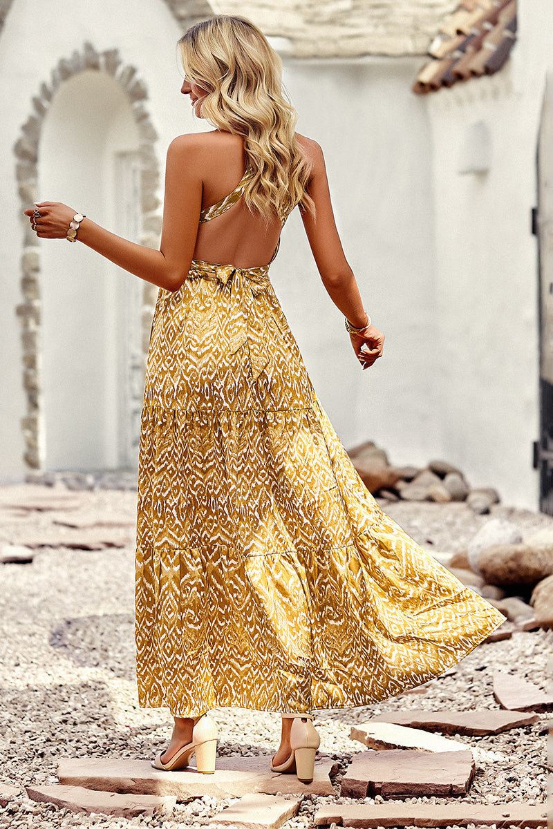 Halterneck Cutout Print Maxi Cross Dress