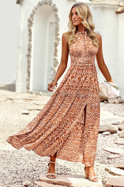 Halterneck Cutout Print Maxi Cross Dress