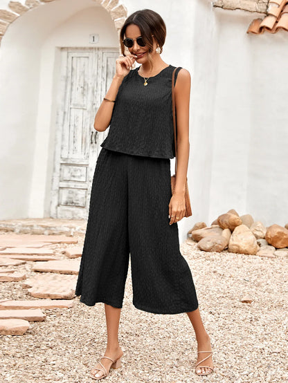 Sleeveless Solid Ruffle Loose Fit Wide Leg Sets