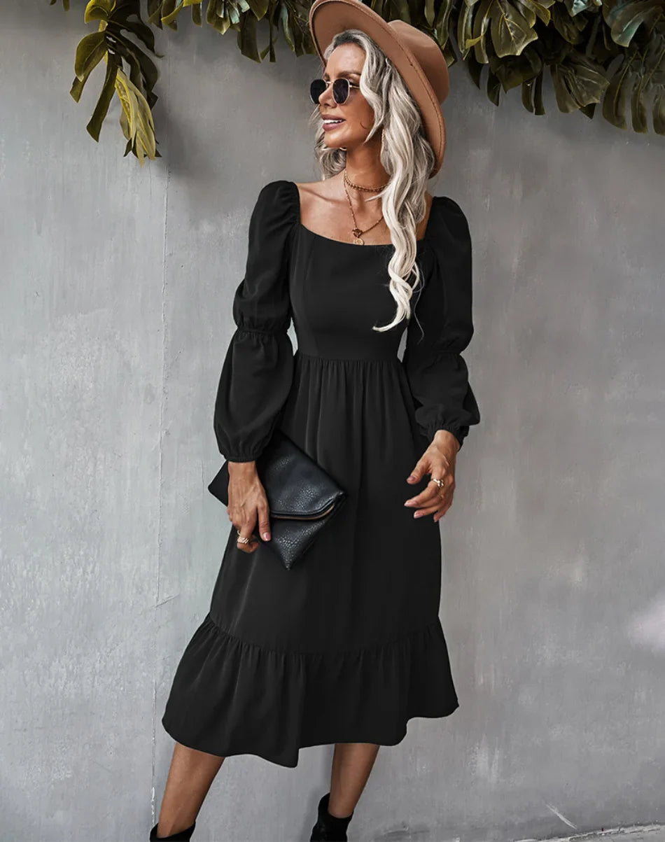 Square Neck Ruffled Midi Dress